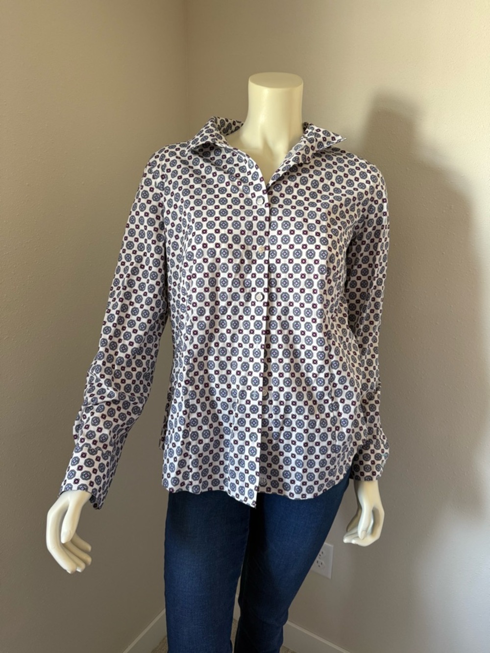 Talbots White Button-Down Shirt with Navy Medallion Print